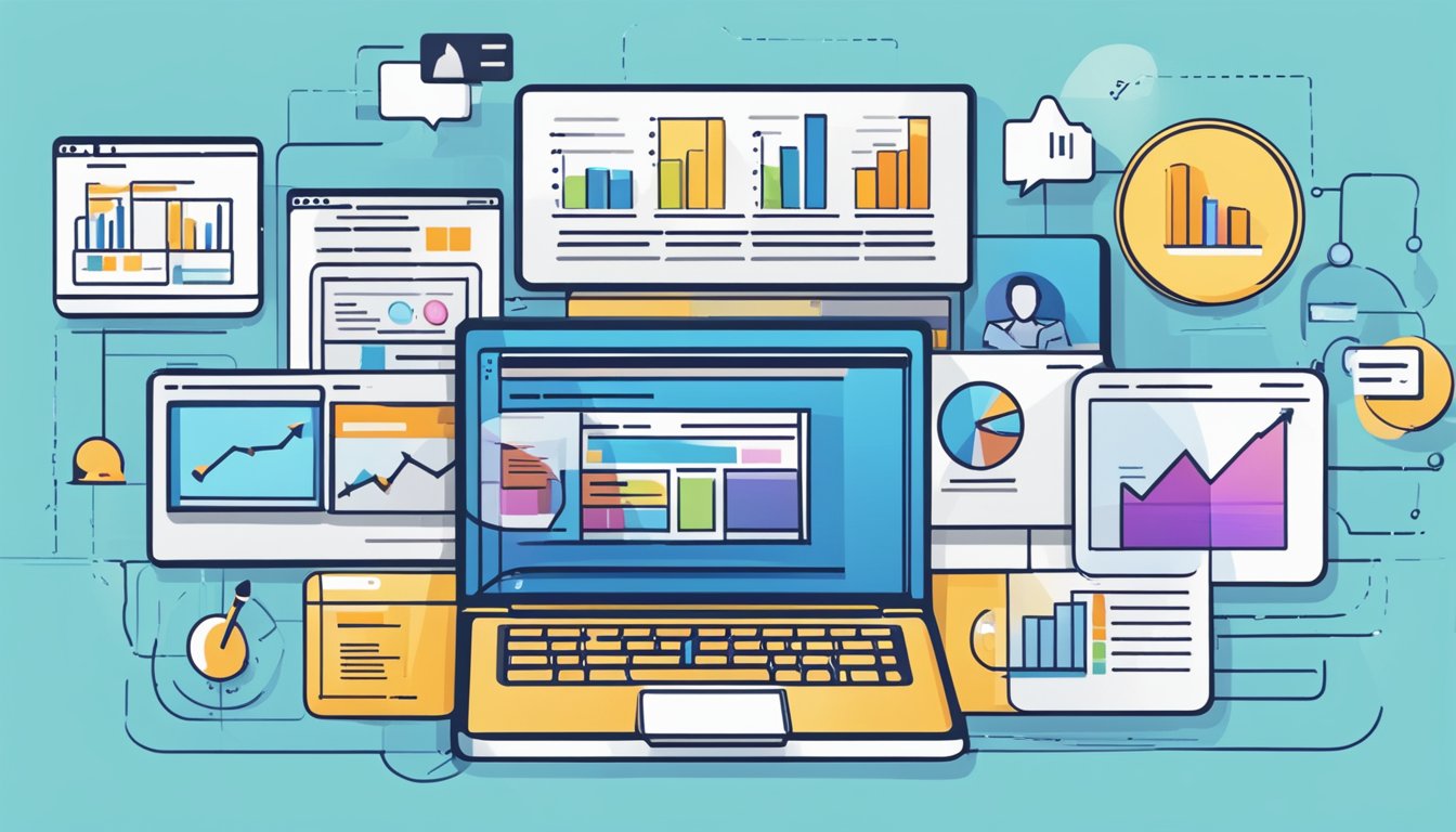 A laptop displaying a graph of increasing website traffic, surrounded by various content marketing materials such as blog posts, videos, and social media posts