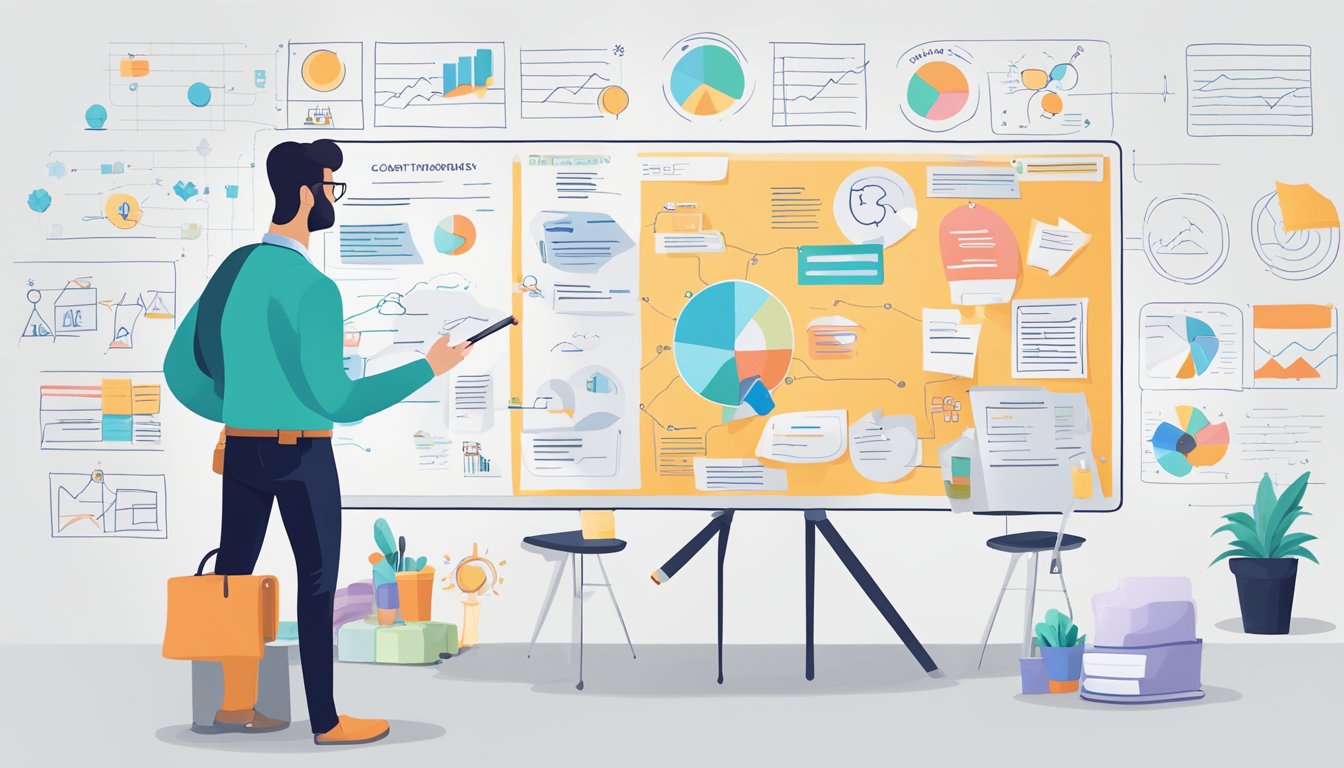 A content strategist mapping out a content marketing plan on a whiteboard, surrounded by charts, graphs, and brainstorming notes