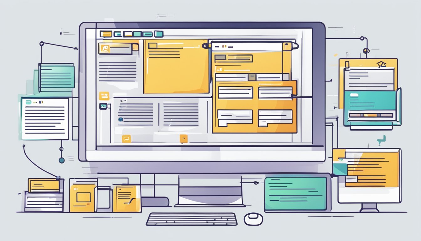 A computer screen displaying a content creation process with a flowchart, keywords, and social media icons
