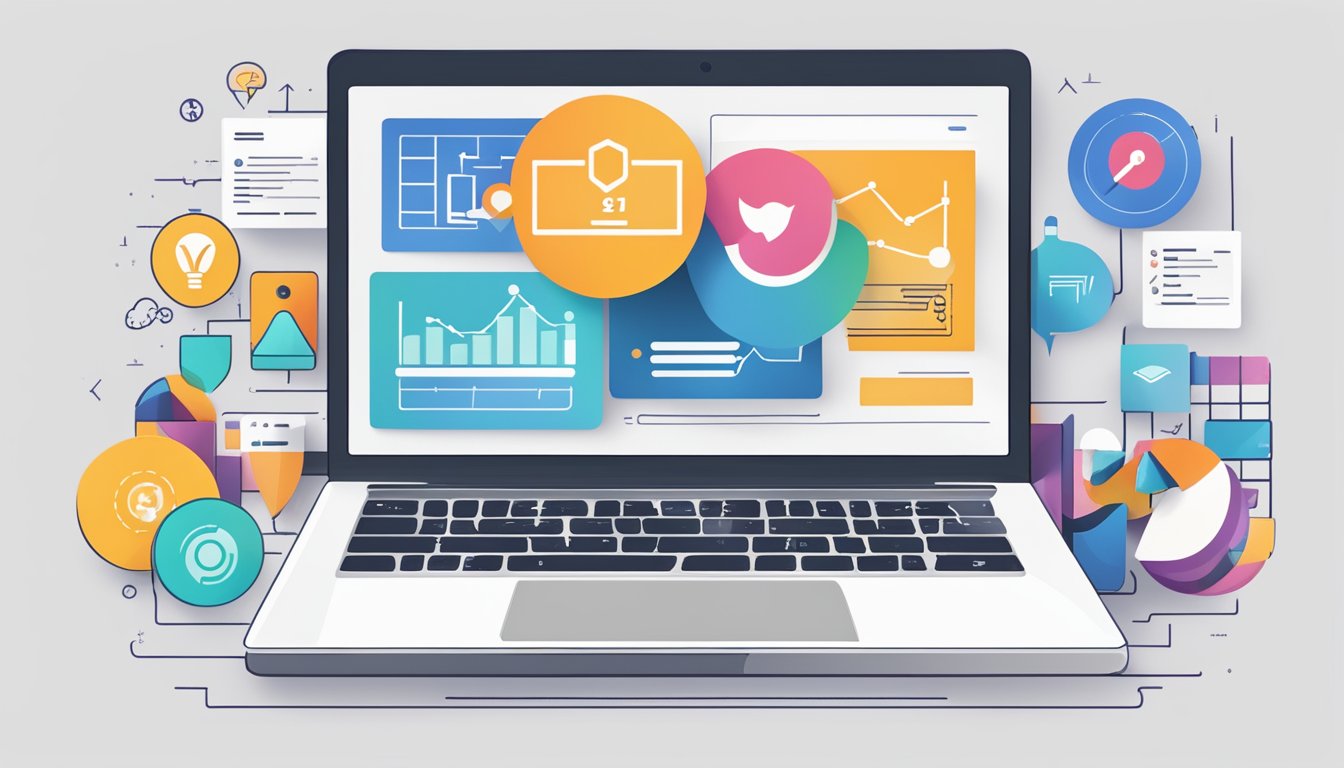 A laptop displaying a content marketing strategy with various social media icons and a graph showing engagement and reach
