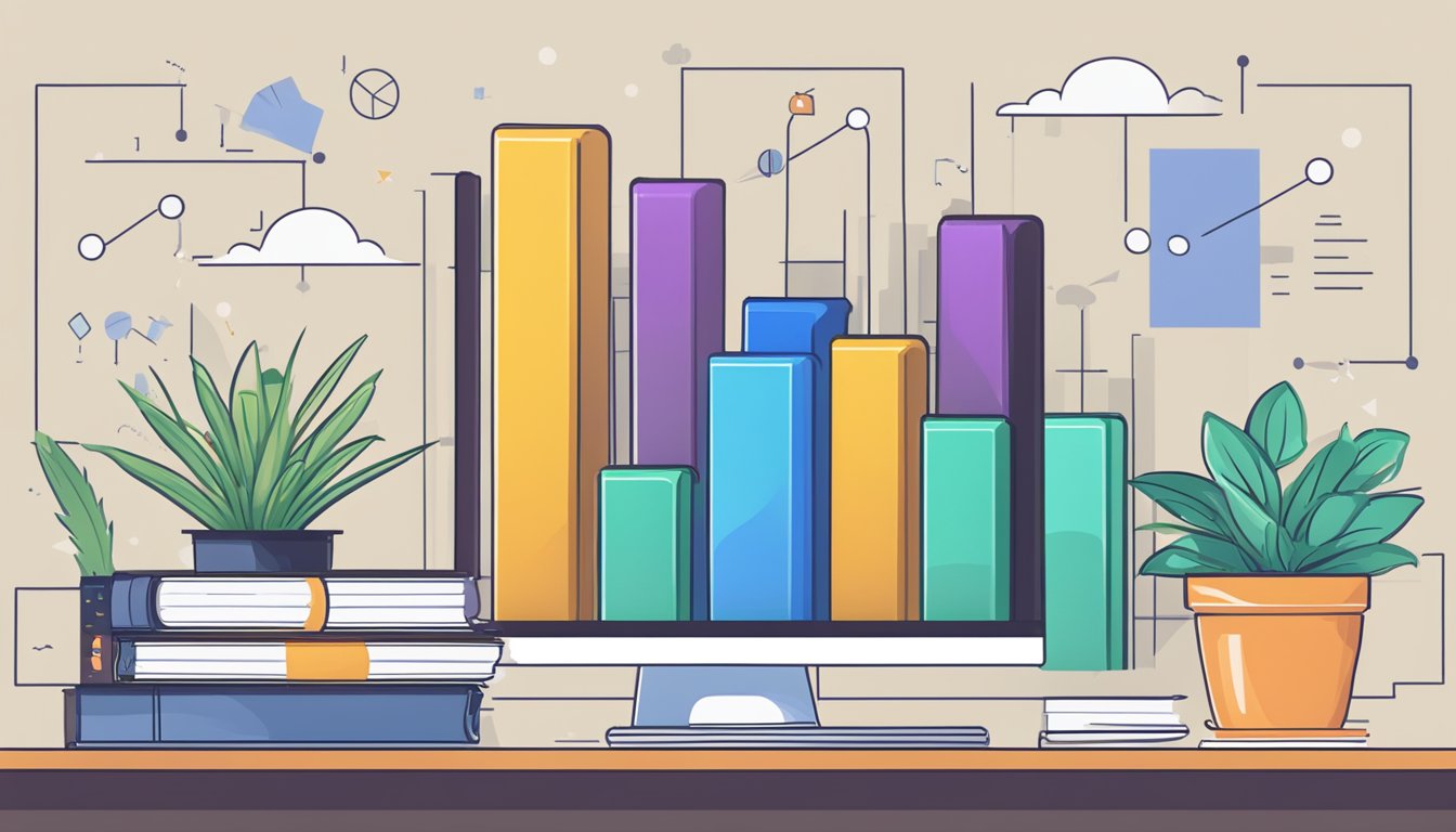 A bar graph shows content marketing success. A computer displays engagement metrics. Books and a plant decorate the office