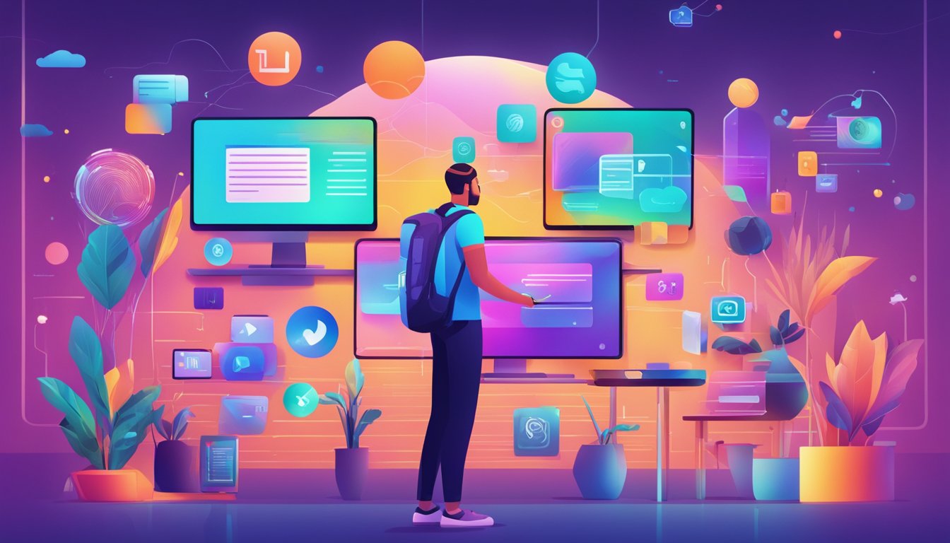 A vibrant, dynamic scene showcasing various digital platforms and content formats, with a focus on engaging visuals and compelling storytelling