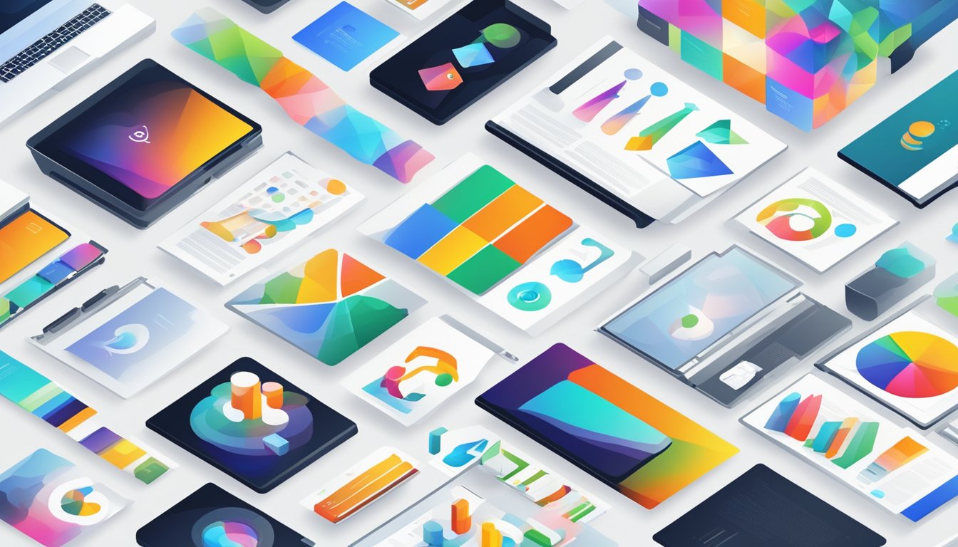 A business logo and various content formats (blogs, videos, infographics) are displayed on a digital screen, attracting diverse audiences