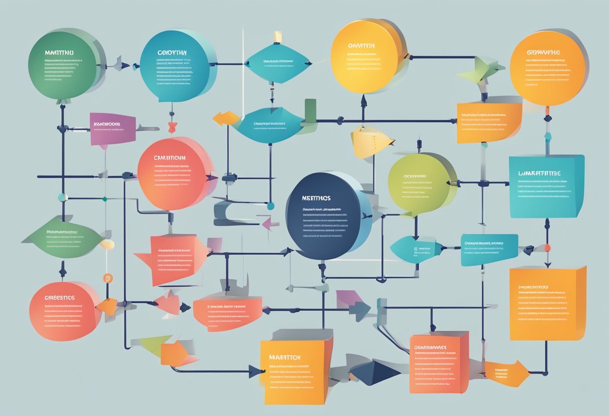 A colorful flowchart with interconnected arrows, representing the strategies and tactics of growth marketing