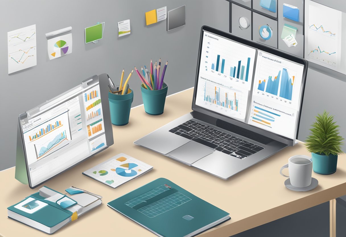 A desk with a laptop, notebook, and pen. Charts and graphs on the wall. The words "Ferramentas e Técnicas de Análise de Growth Marketing" displayed on the computer screen