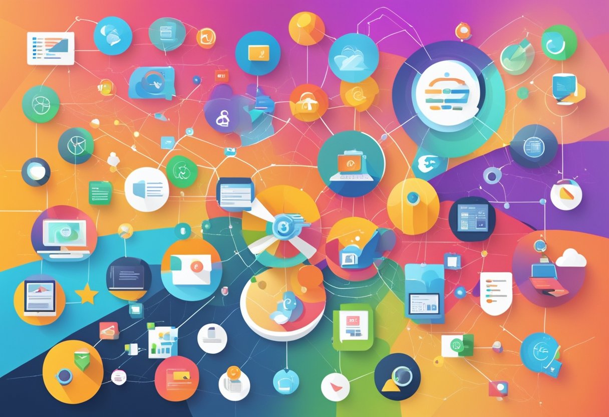 A vibrant, dynamic scene of various marketing channels converging, with data analytics and customer engagement at the center