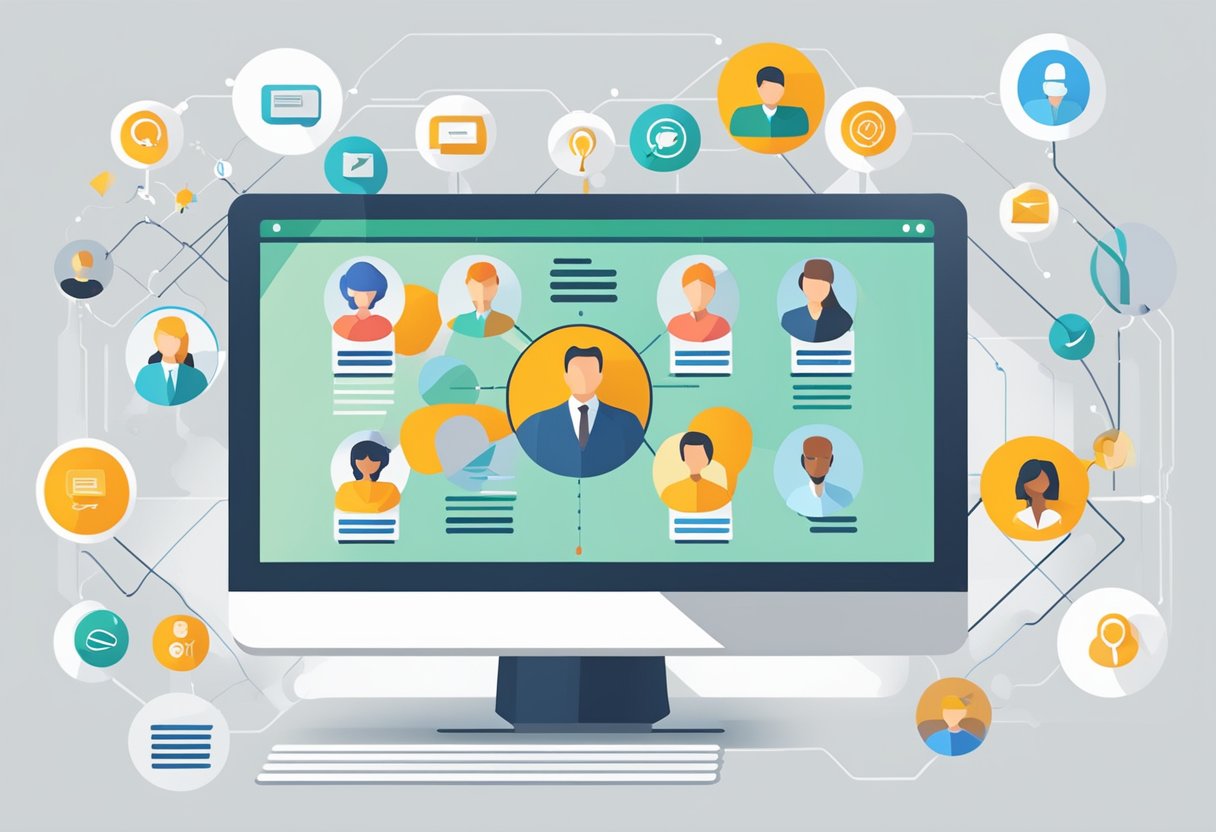 A CRM system organizes customer data. A computer screen displays customer profiles and interactions. Icons represent communication channels