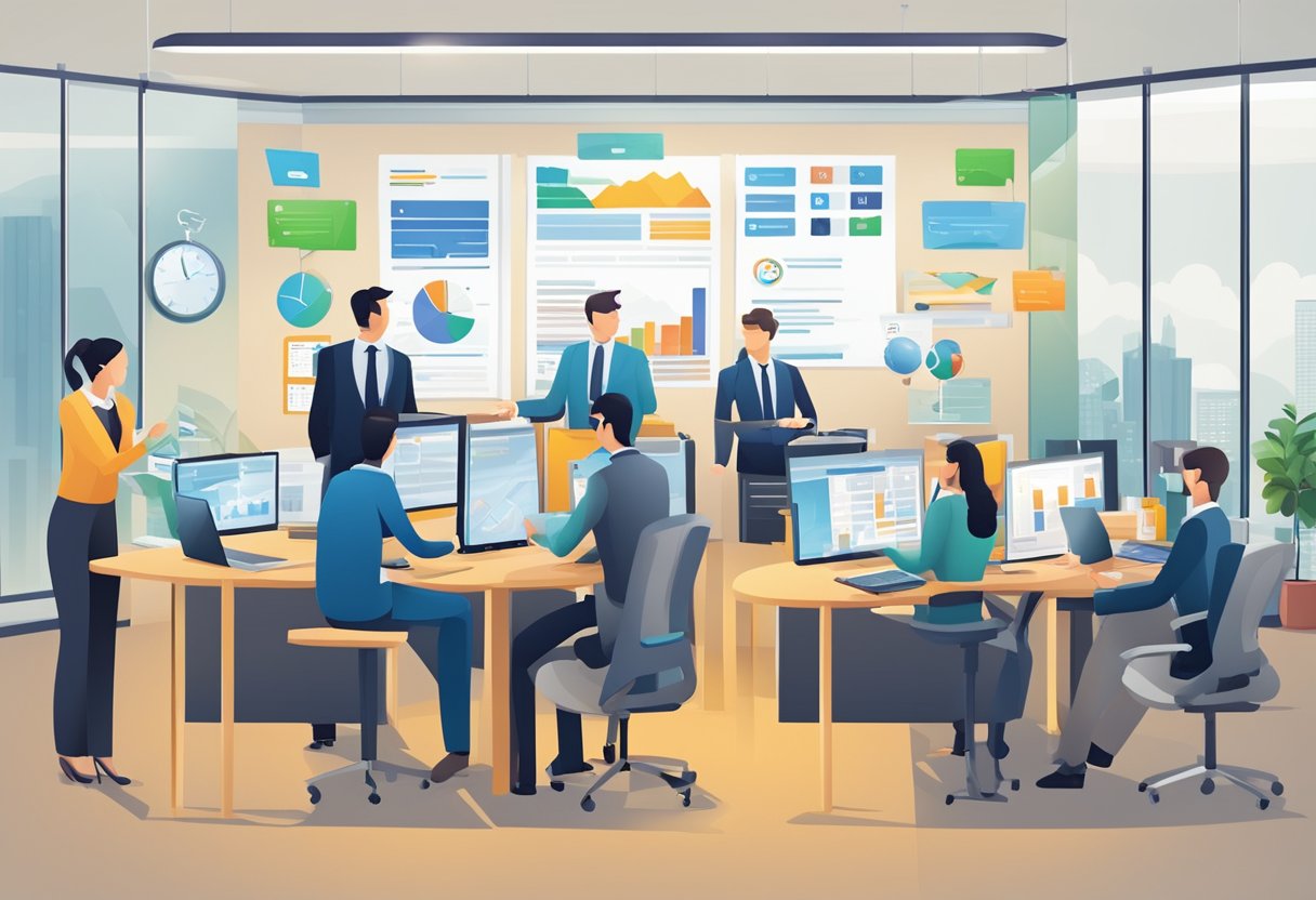 A business setting with various departments using CRM software to manage customer relationships and data