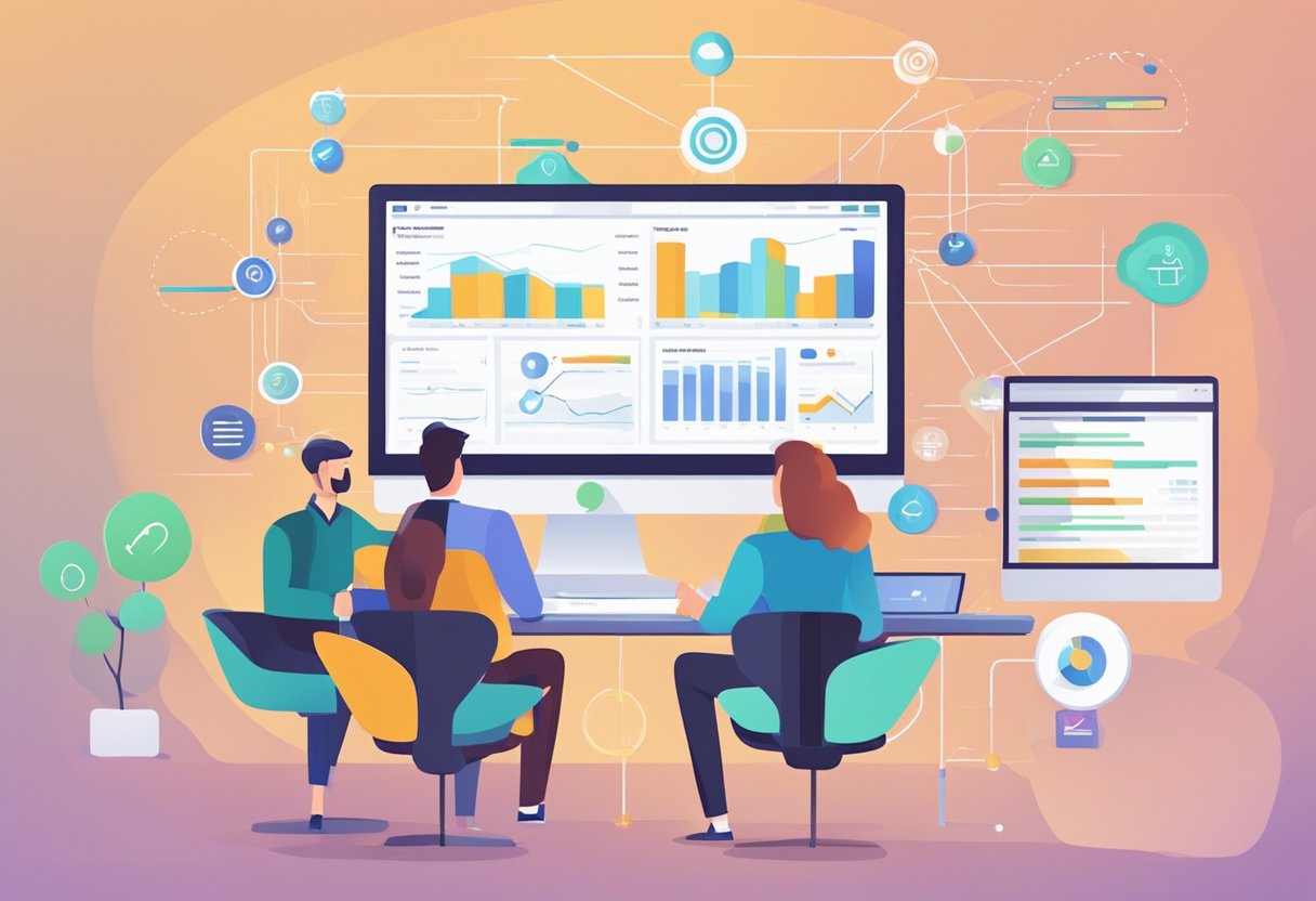 A CRM system tracks and analyzes customer data for business insights. Visualize data flowing into a central hub for analysis and reporting